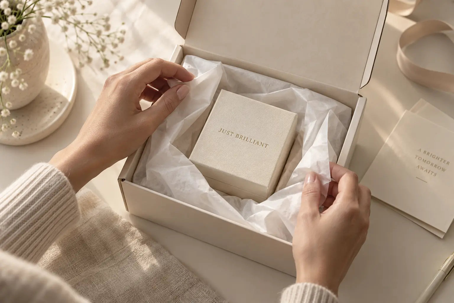 An ivory Just Brilliant box carefully packed in tissue for delivery