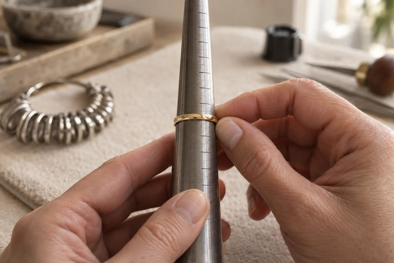 A gold ring being measured on a jeweler’s sizing mandrel