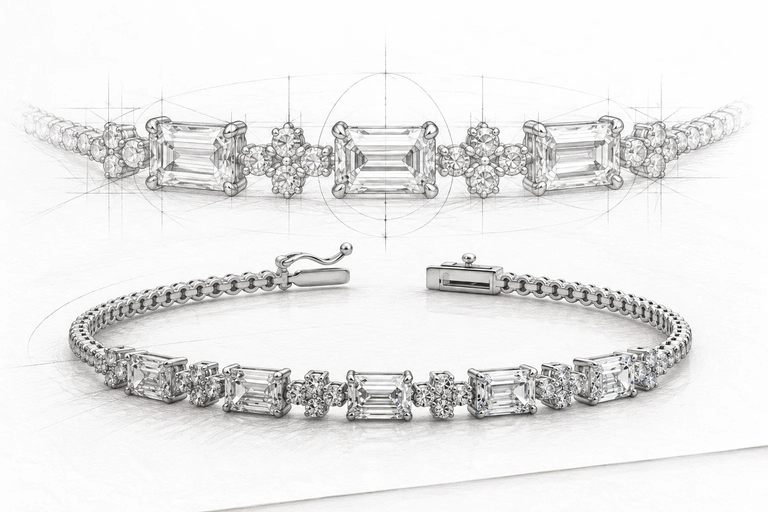 Pencil illustration of the Just Brilliant Harmonia bracelet and its five rectangular principal diamonds.