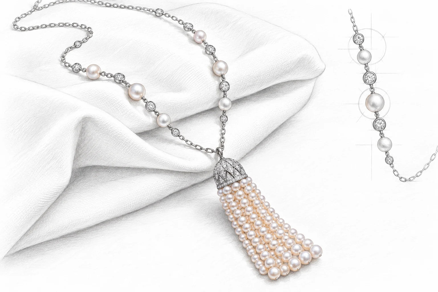 Pencil illustration of the Just Brilliant Noor pearl tassel necklace resting on a soft white cloth.