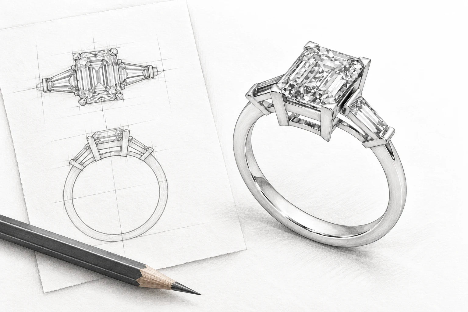 Pencil study of the Just Brilliant Vivid Luxe ring with a rectangular center diamond and tapered baguette shoulders.